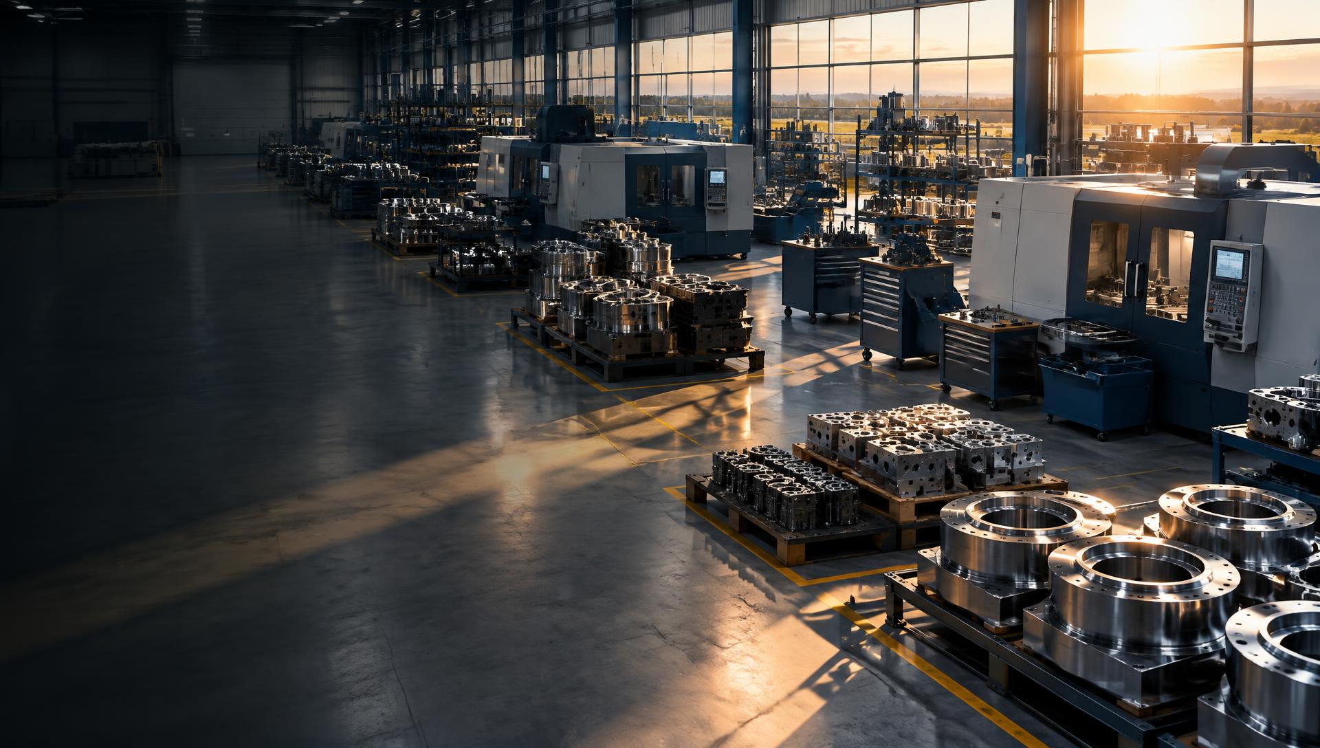 Modern industrial manufacturing facility at sunrise